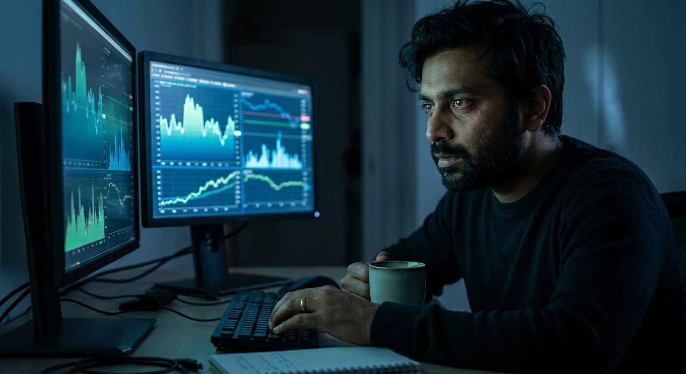 Founder monitoring brand visibility across AI search platforms on dual screens at night