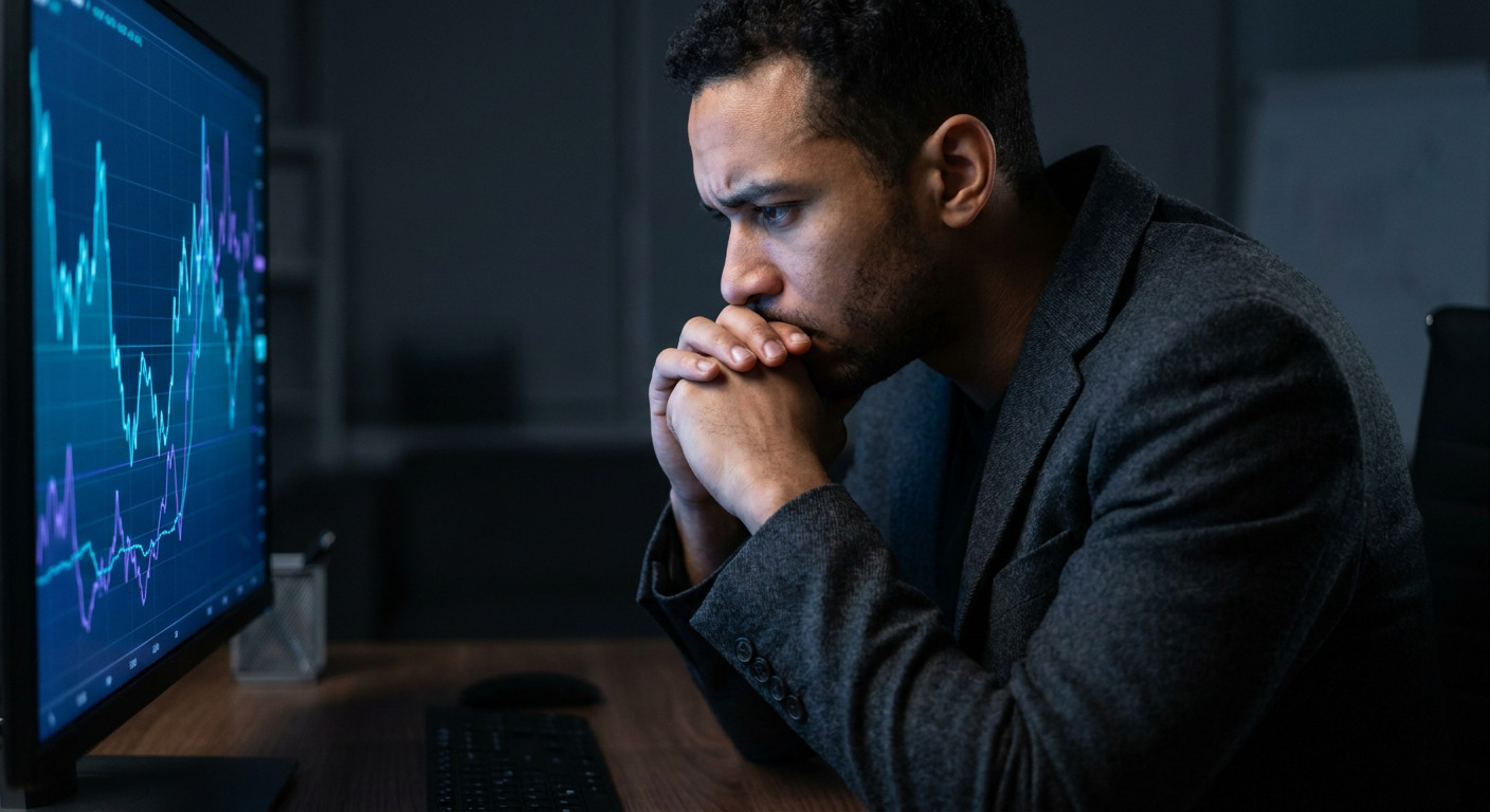 Founder leaning forward studying AI visibility fluctuations on a monitor in a darkened workspace