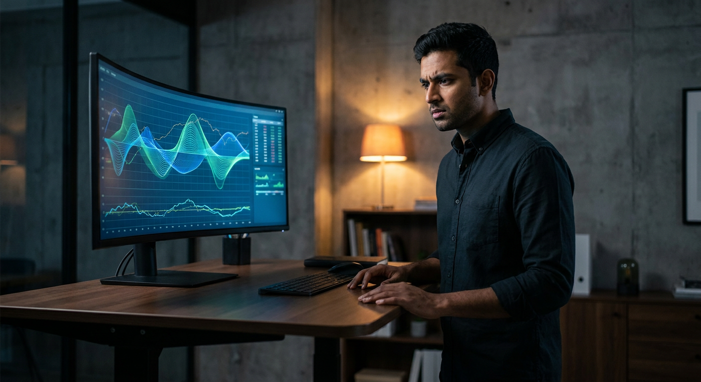 Founder standing at desk studying AI visibility signal graphs on a large monitor in a dark office