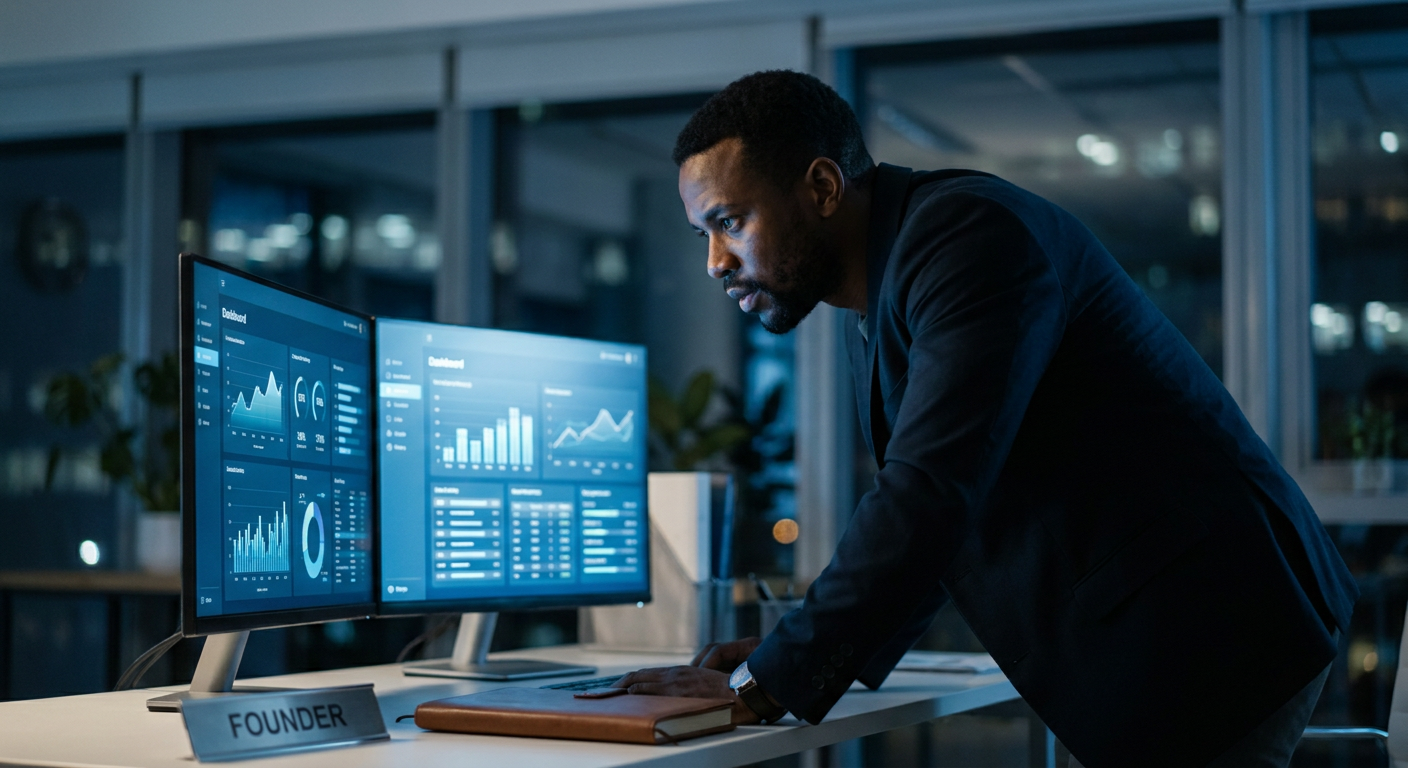 Founder reviewing AI visibility dashboards at night, analyzing techniques to boost brand presence in AI search algorithms