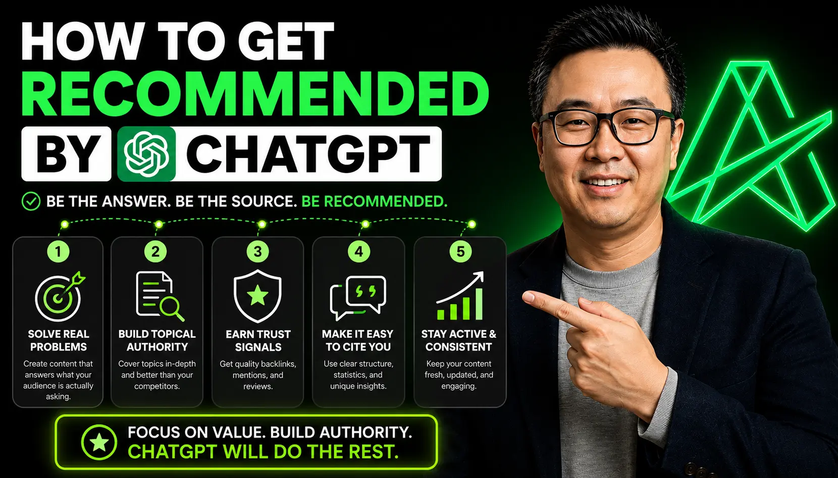 Infographic: How To Get Recommended By ChatGPT, with five steps: solve real problems, build topical authority, earn trust signals, be easy to cite, and stay consistent.