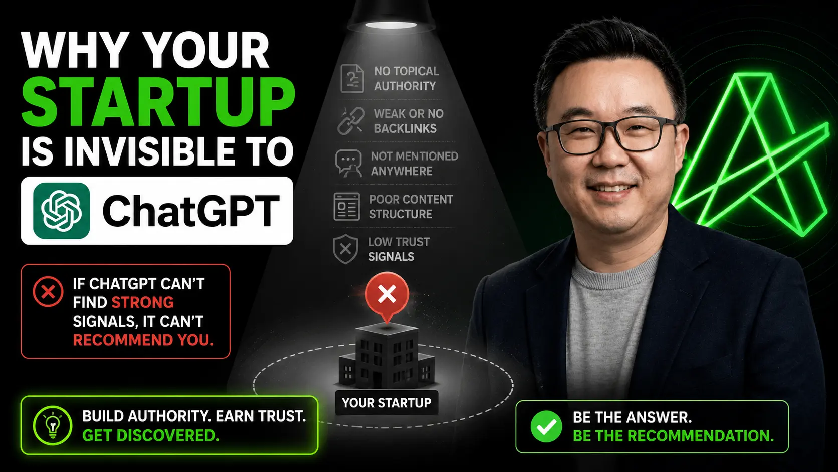 Infographic: Why Your Startup Is Invisible To ChatGPT, listing weak signals such as no topical authority, weak backlinks, no mentions, poor structure, and low trust.