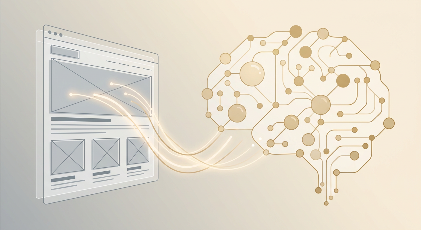 Abstract diagram showing homepage copy flowing into an AI interpretation layer that builds a category model for brand recommendations