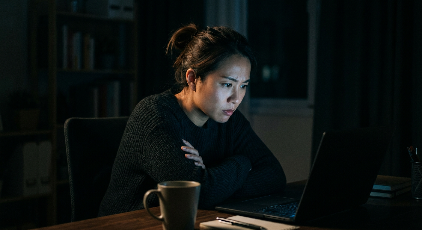 Founder studying ChatGPT recommendation outputs on a laptop screen late at night in a dark minimal workspace