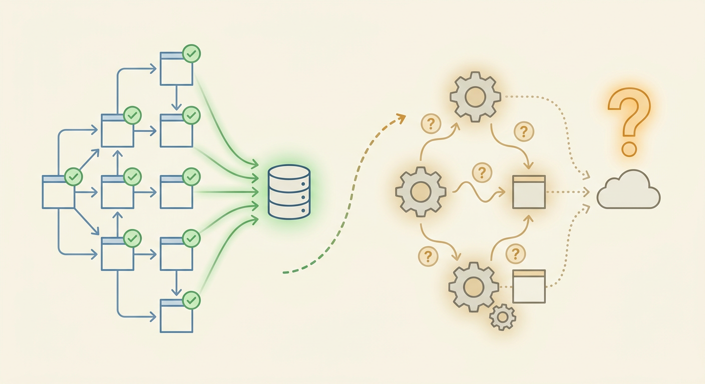 Abstract digital infrastructure diagram showing the separation between web crawling access and AI recommendation confidence systems