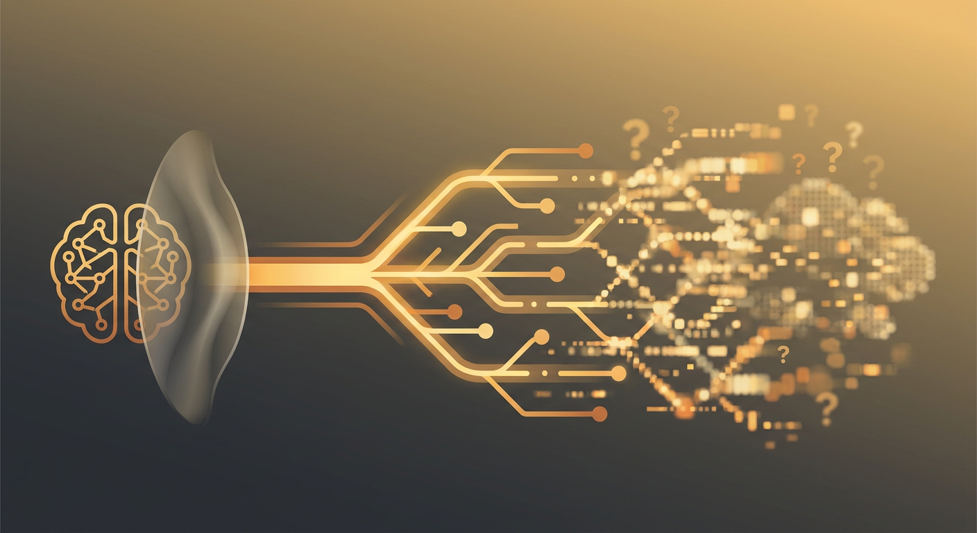 Abstract visualization showing a startup brand with multiple conflicting positioning signals creating hesitation in an AI recommendation confidence model
