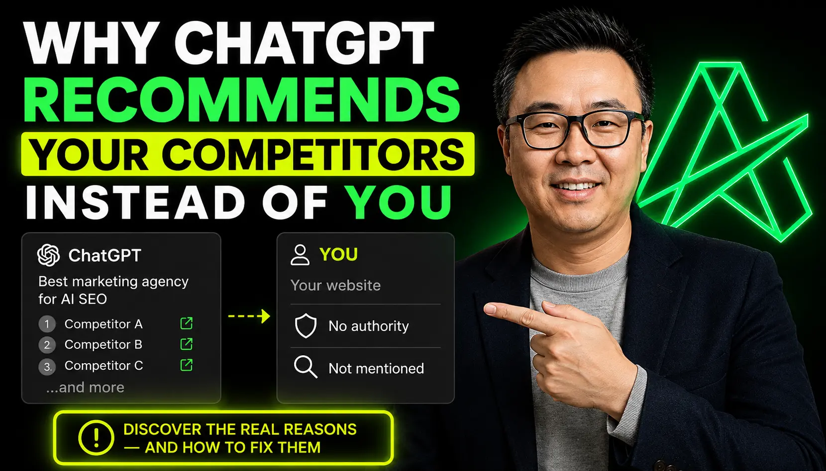 Infographic: Why ChatGPT Recommends Your Competitors Instead of You, showing ChatGPT listing competitors above a site with no authority and no mentions.